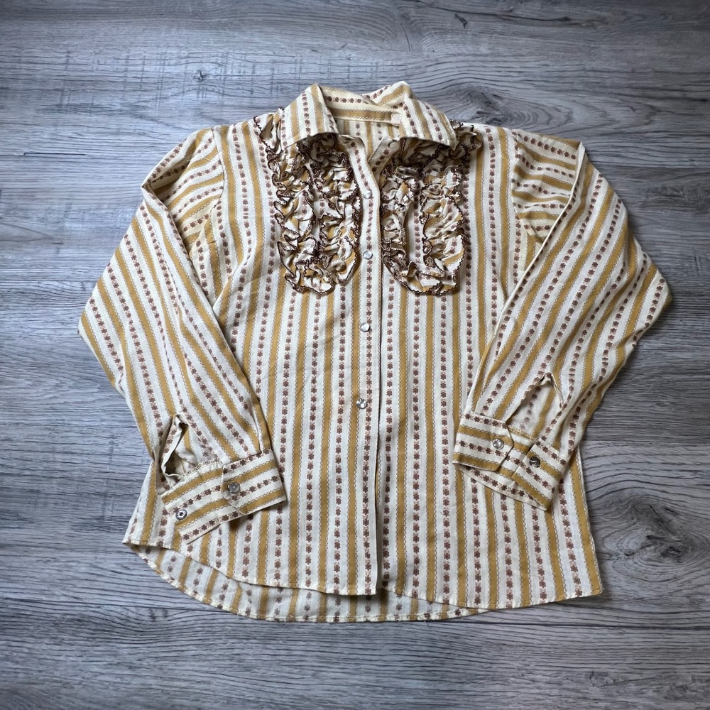 Vintage Ruffle Bib Shirt Women 36 Mustard Yellow Striped Floral Western 70 Style